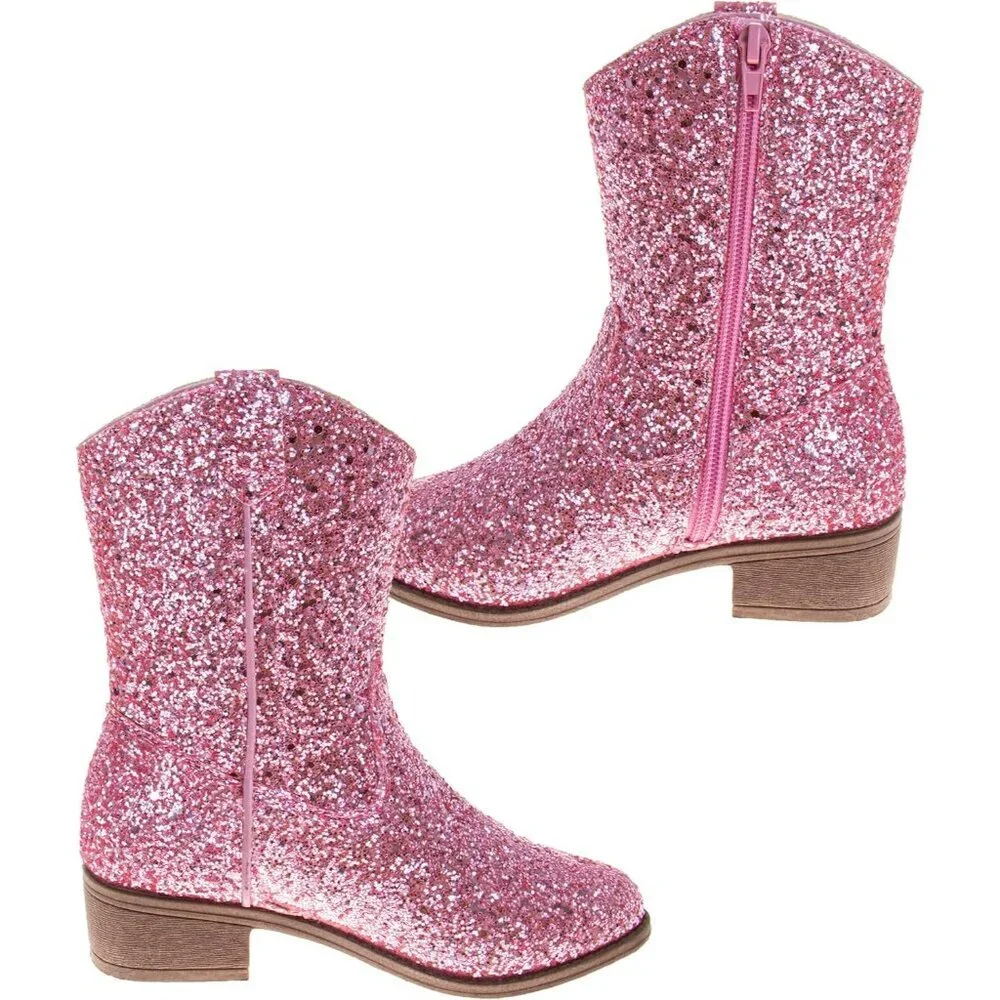🆕Girls Pink Glitter Manmade Glitter Cowgirl Mid Calf Cowboy Western Boots